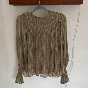 Pleated Olive Green Long-Sleeve Blouse with Tie Cuffs